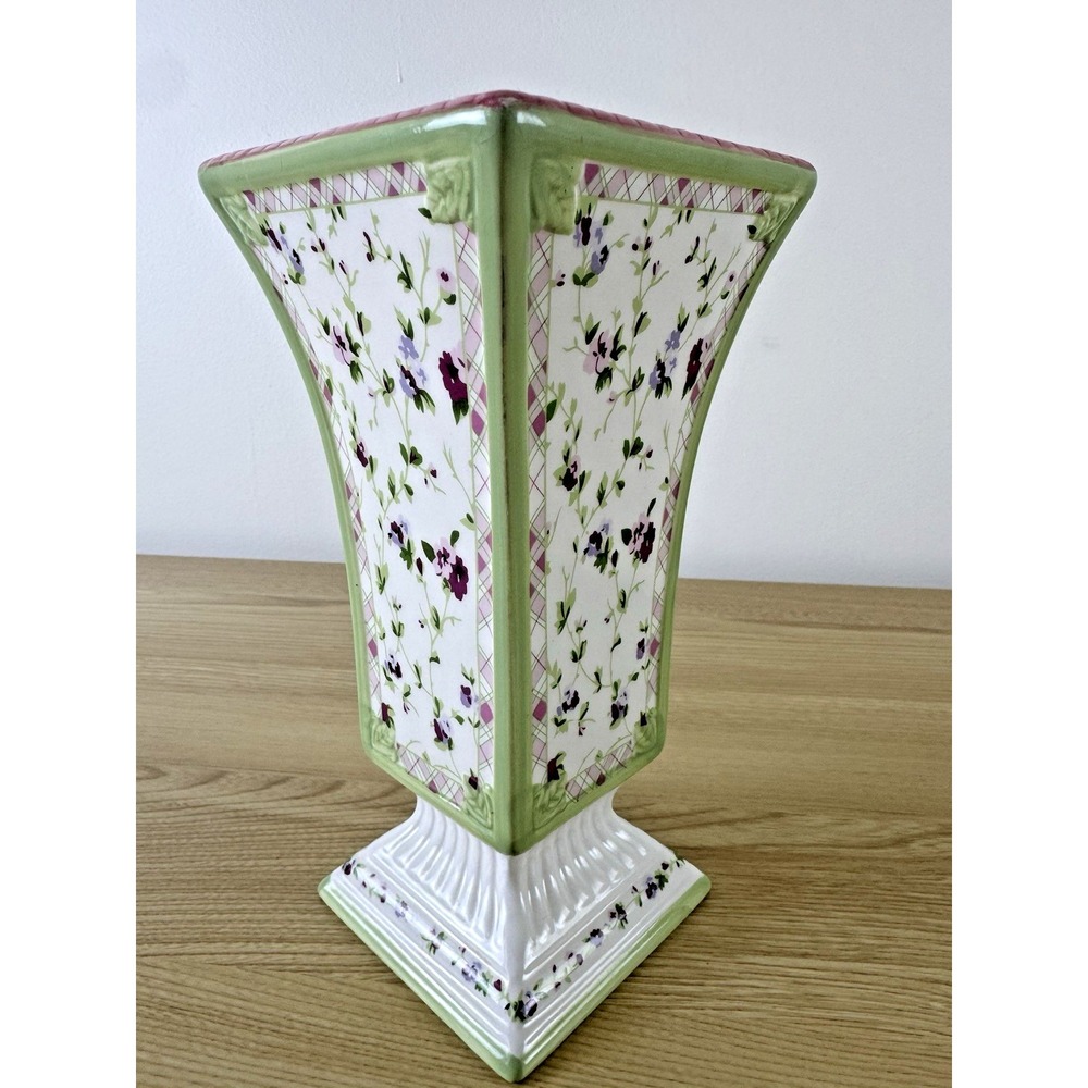 Laura Ashley Green Pink Floral Chintz Square Pedestal Vase 8.25"